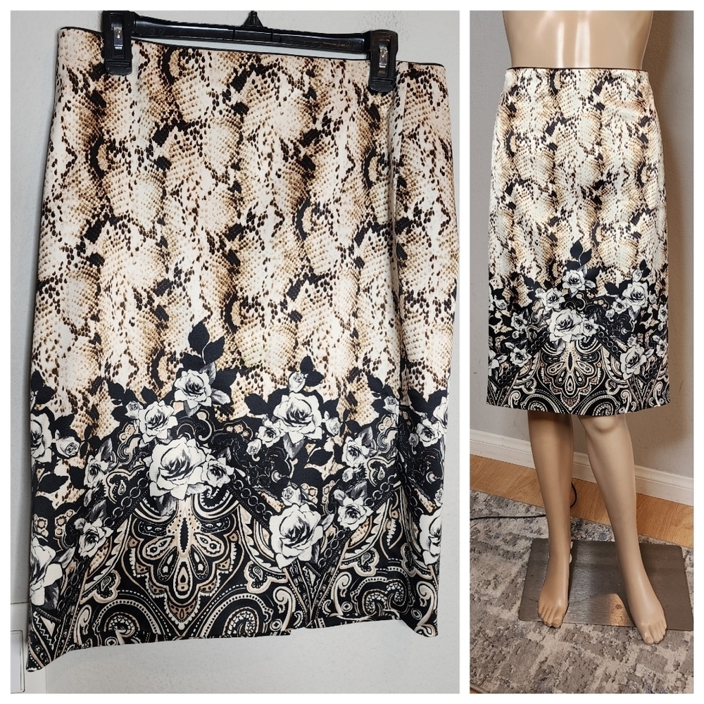 White House Black Market Satin Pencil Skirt Floral Snakeskin Black Beige Size 10